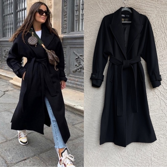 Zara Jackets & Blazers - ZARA BLOGGER FAVE MANTECO Oversized Black Belted Wool Trench Coat Wool Wrap Coat